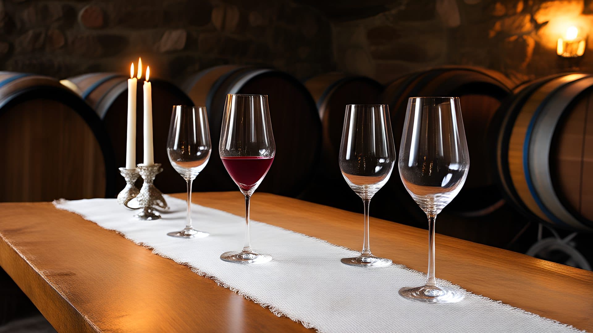 La mesa de cata con velas y copas entre las barricas