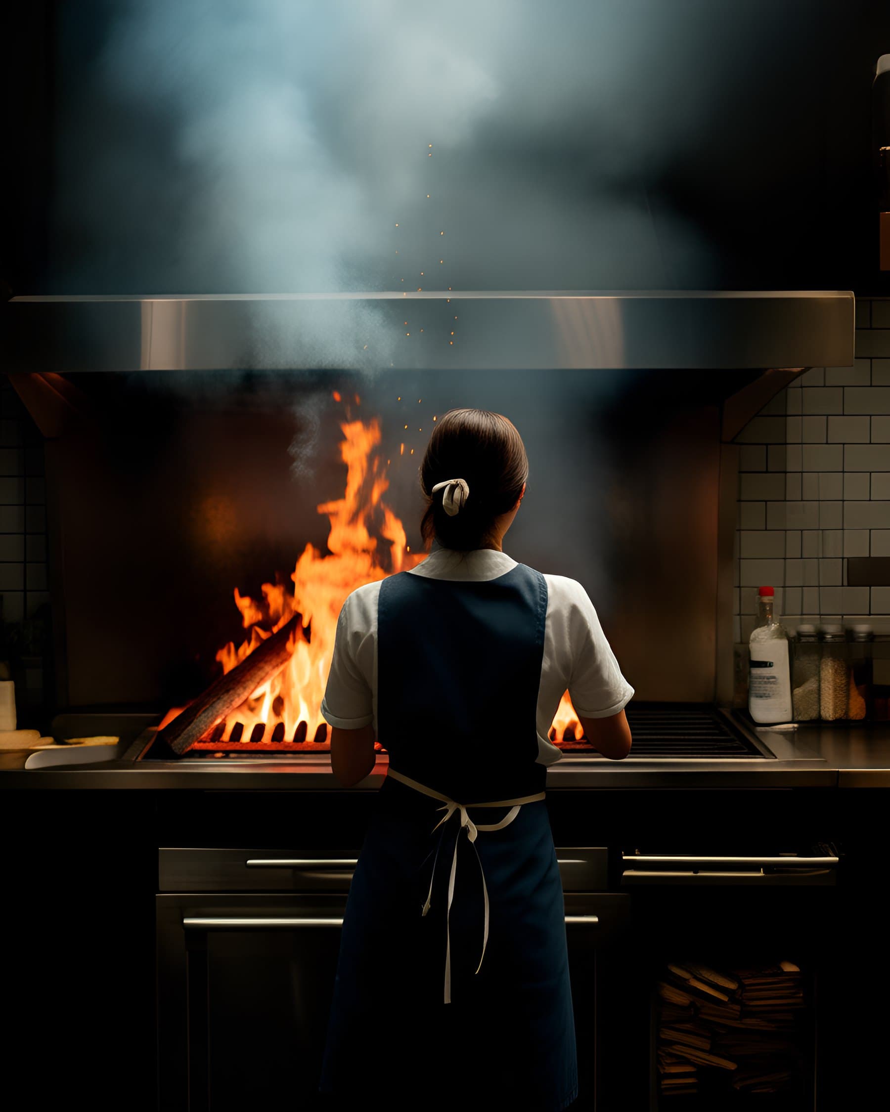 Aina Puig de espaldas, atendiendo la brasa en la cocina de Brasa Nueve