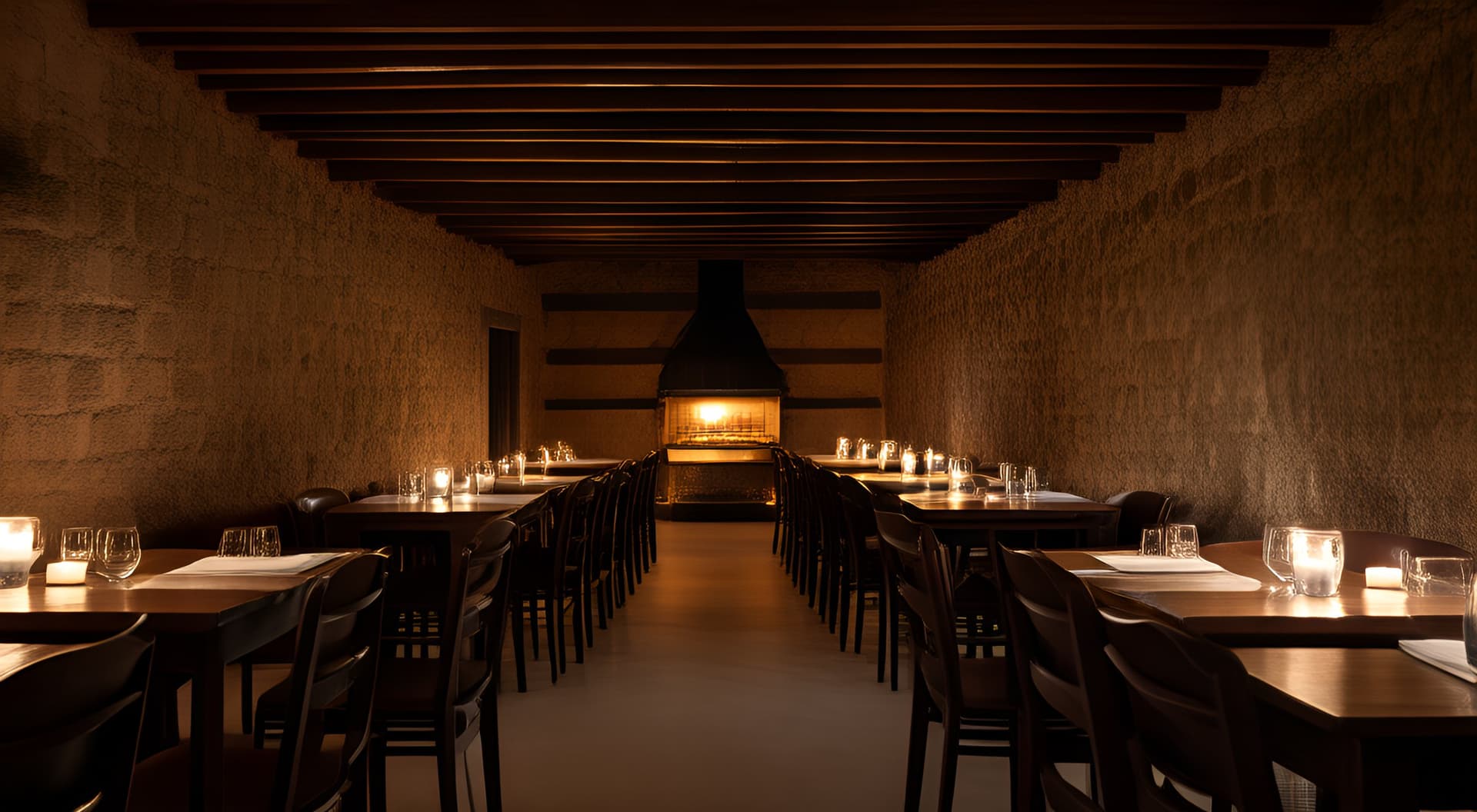 La sala de Brasa Nueve de noche: piedra vista, mesas de madera oscura y la brasa encendida al fondo