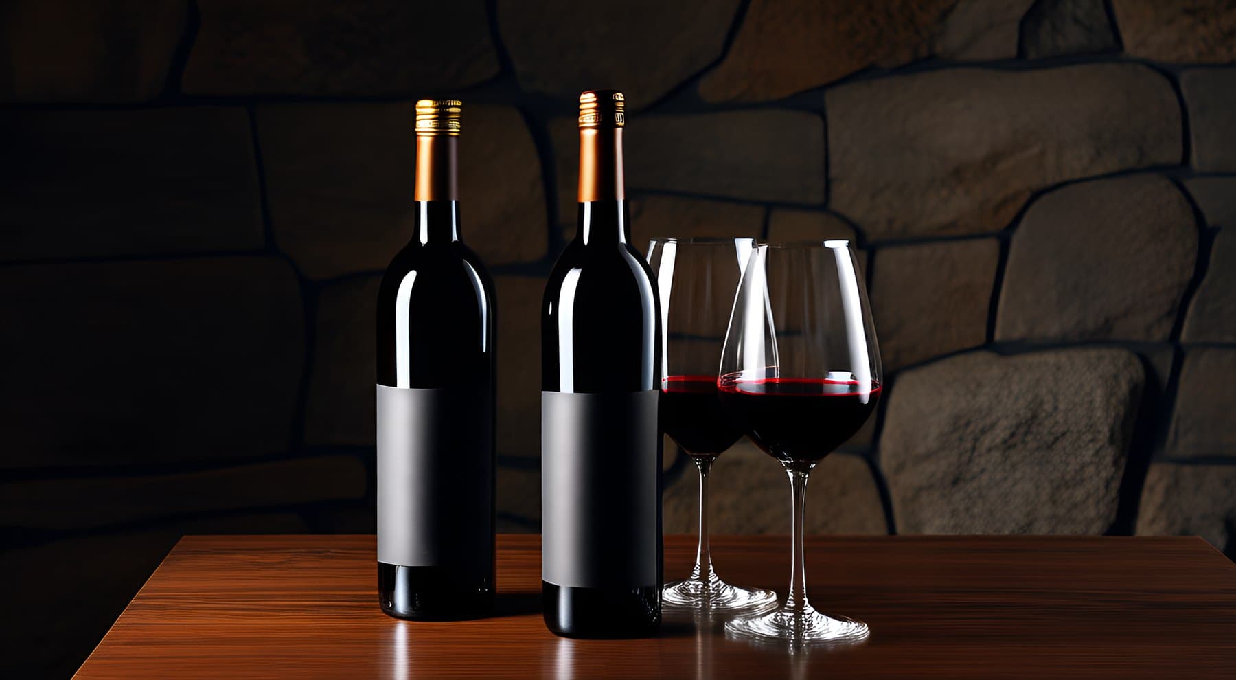 Dos botellas y dos copas de vino tinto sobre madera, con la pared de piedra detrás