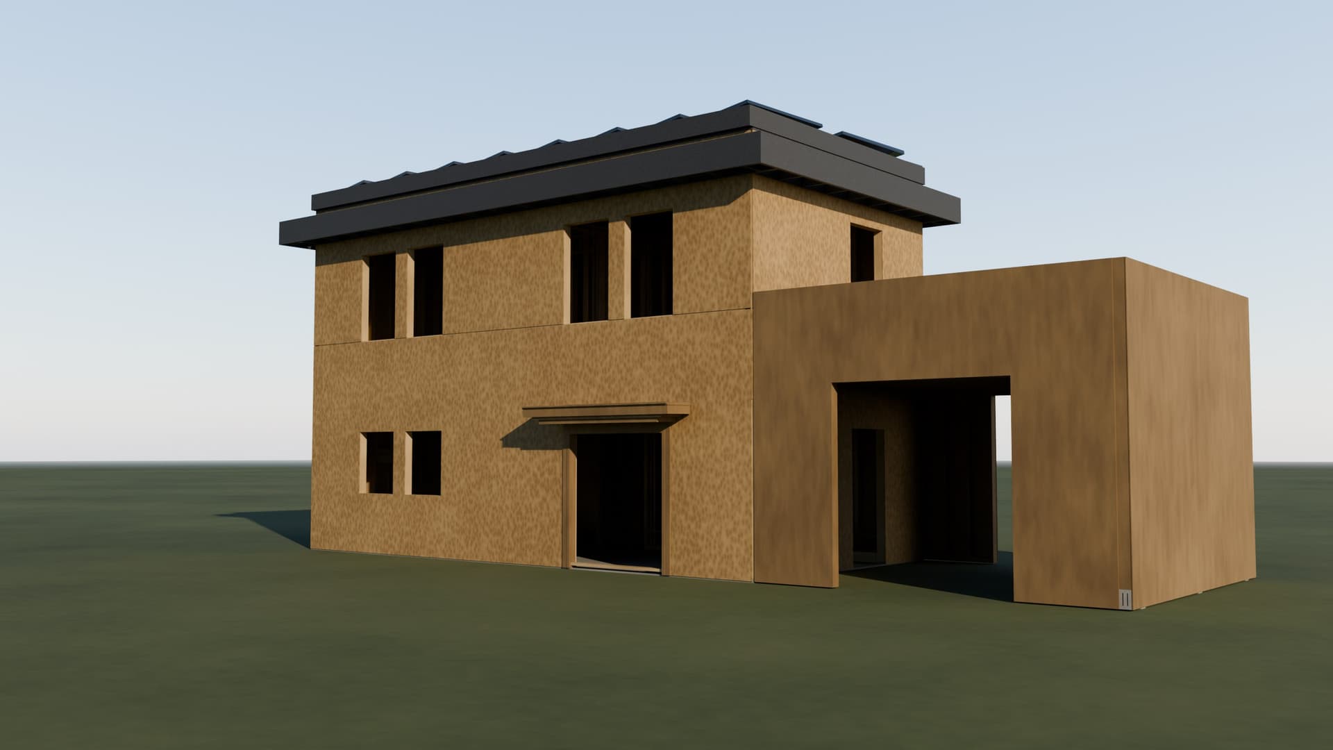 The finished house on its ground, with the carport and the solar panels