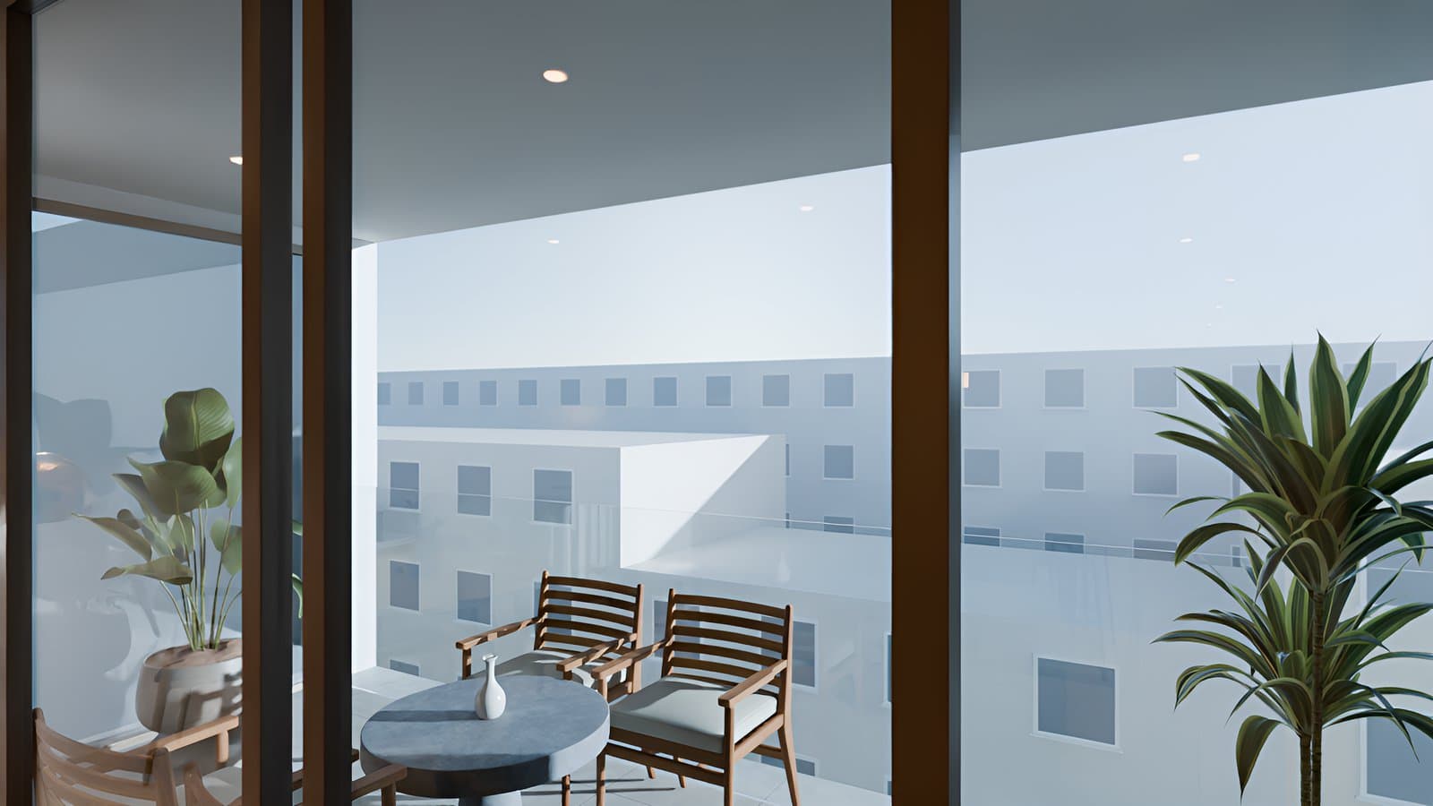 A frame of the walkthrough: the living room from the terrace glazing