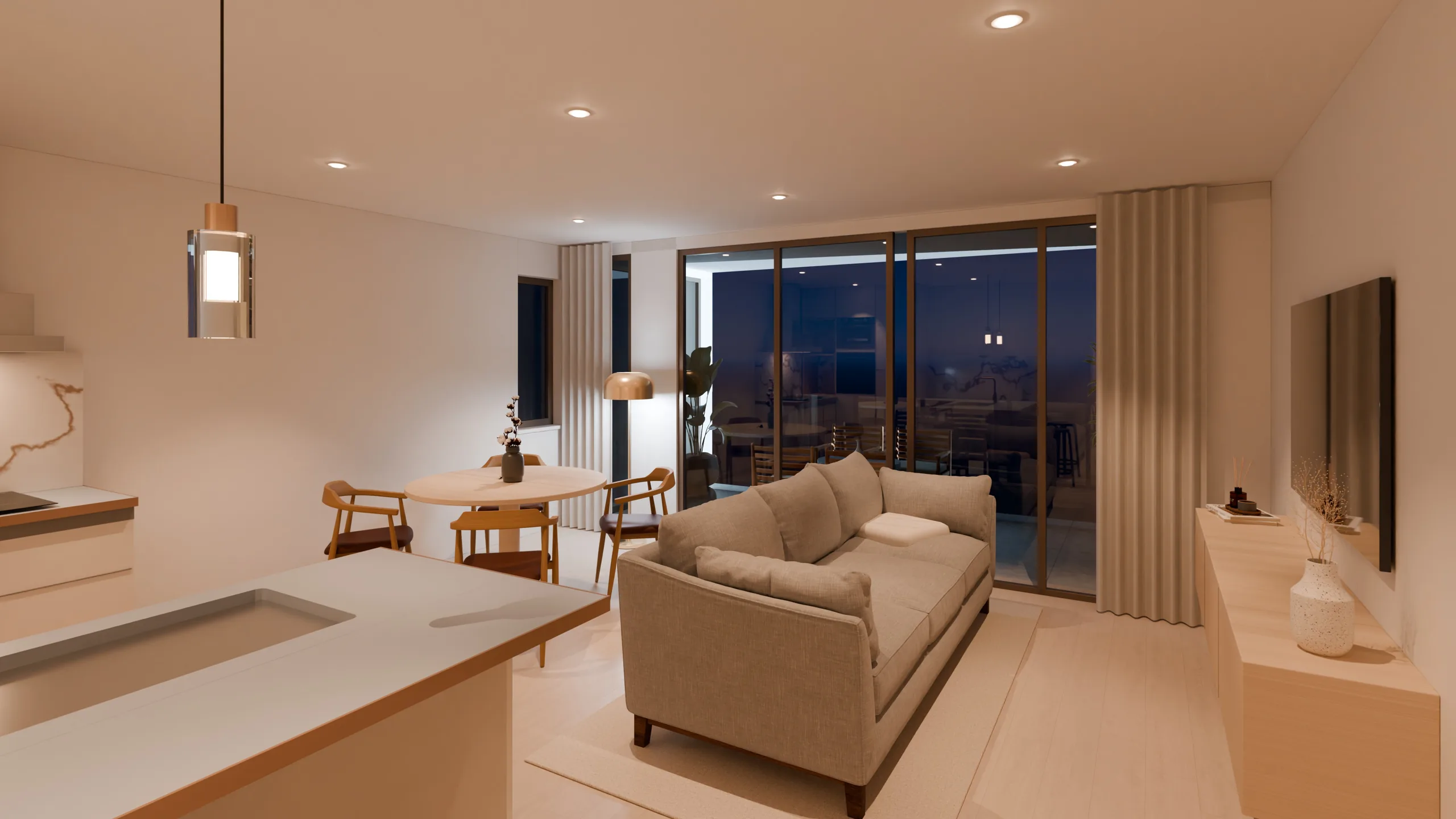 The living room at night with the lamps on, one stop of the visit