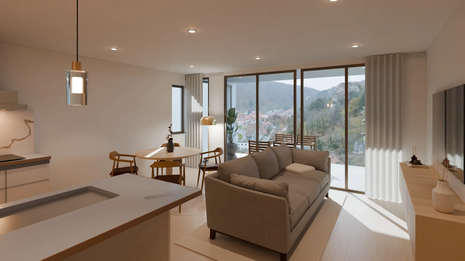 La sala a las diez de la mañana, con el sol entrando por el ventanal