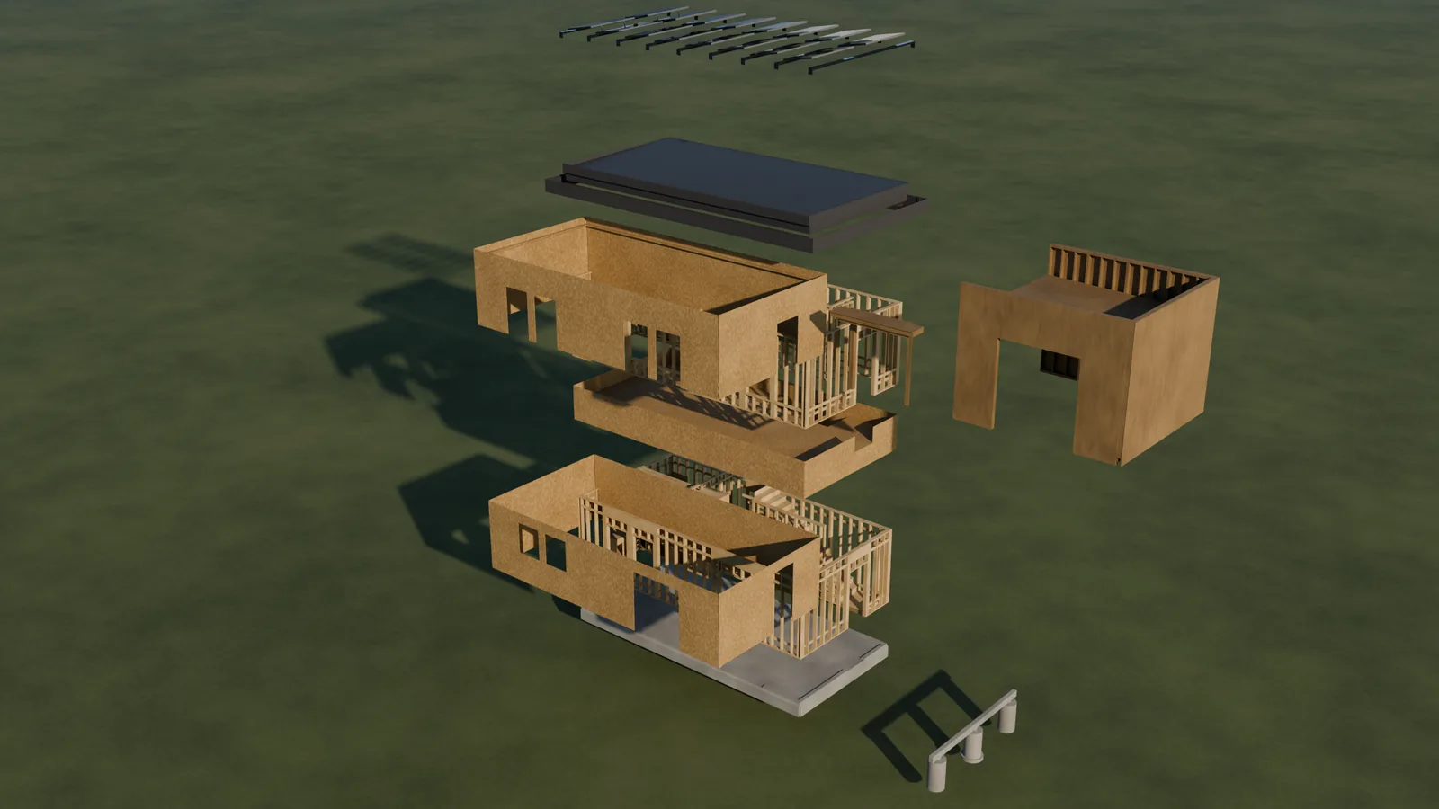 The house pulled apart by construction stage, seen from above