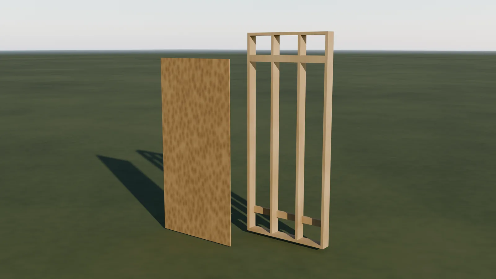 A wall module with its sheathing board pulled off